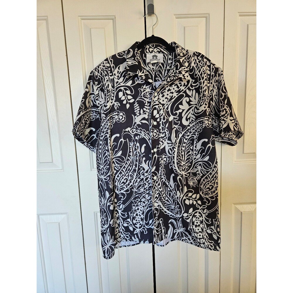 Elvis Presley Graceland printed Short Sleeve button down shirt Black cream L USA